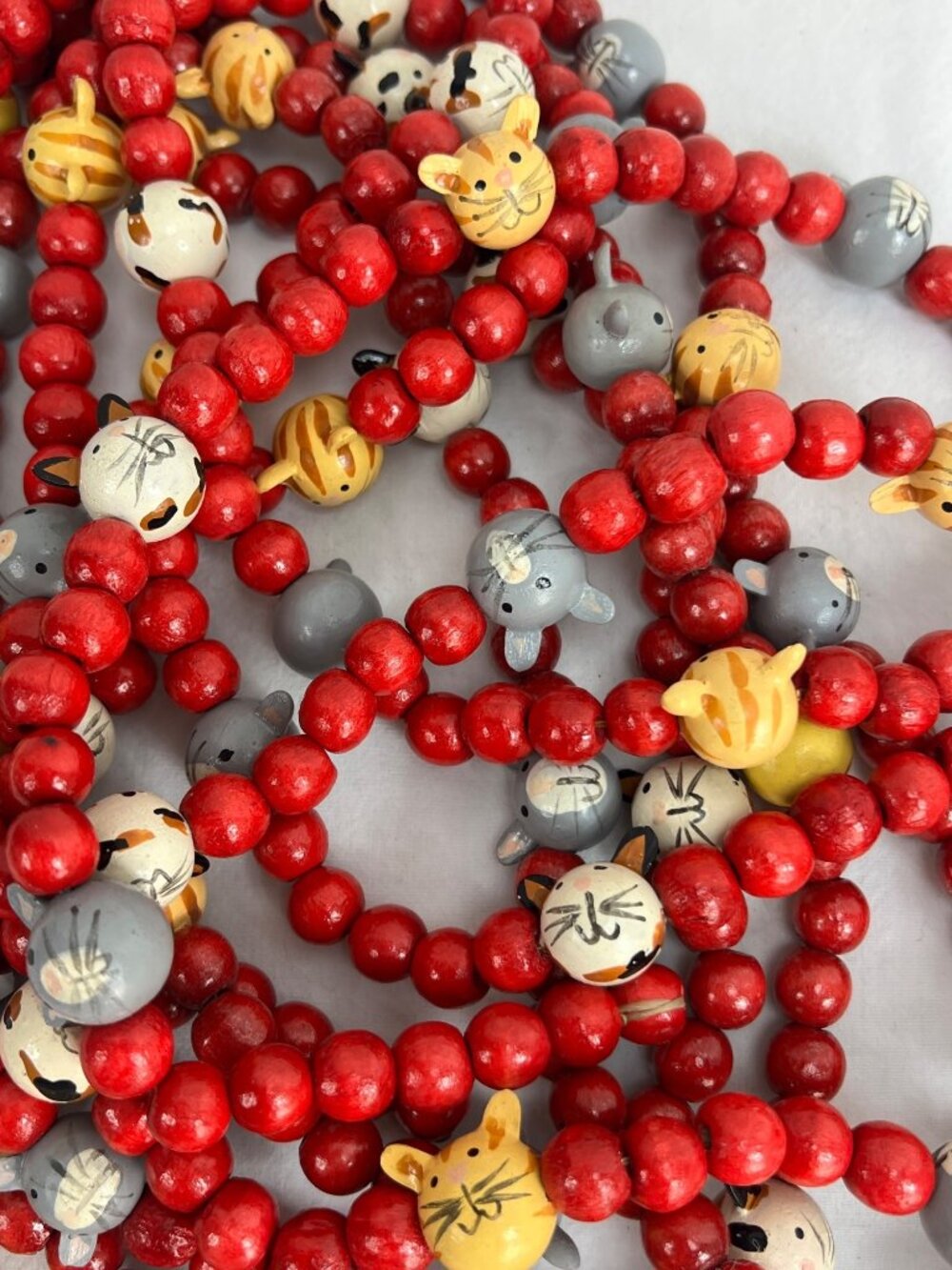 2 Hand-Painted Cat Face & Bead Garland 9ft Long Each Red Gray & Yellow